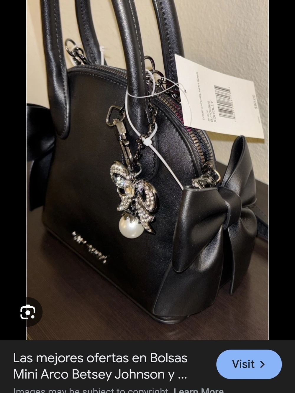 Betsey Johnson Black Mini Dome Satchel with Bow & Jeweled Charm